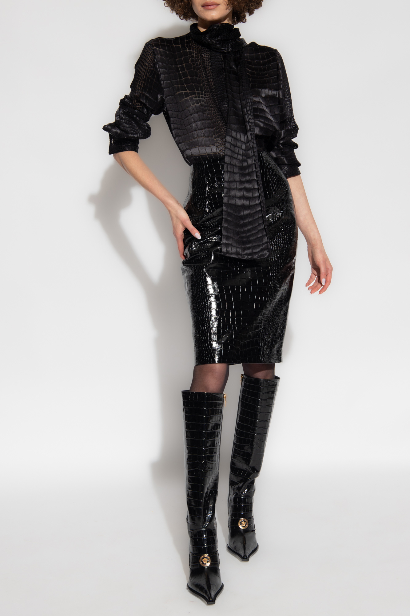 Black Leather skirt with crocodile effect Versace - AcmShops